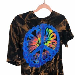 Custom Bleach Dye WOODSTOCK 1969 Tie Dye Modern Graphic Spell Out T Shirt